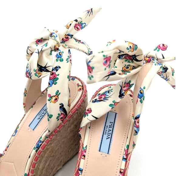 Prada Floral Wedge Espadrille Platform Sandals Self-Tie Accent Size US7.5 EU37.5 - Picture 12 of 13